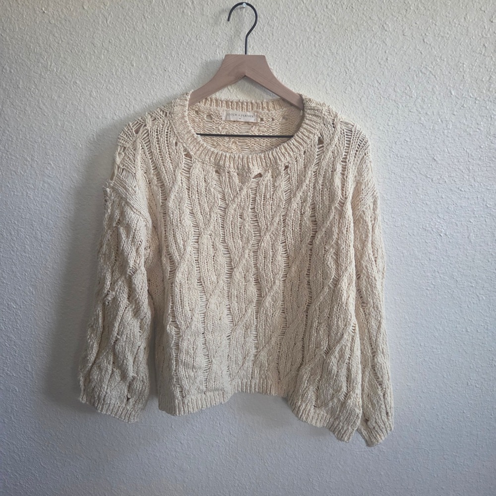 Fishermancore Cable Knit Distressed Cream Sweater Womens Size M Coastal Grandma